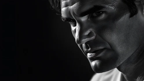 Focused shadows trace a determined face in close-up portrait.