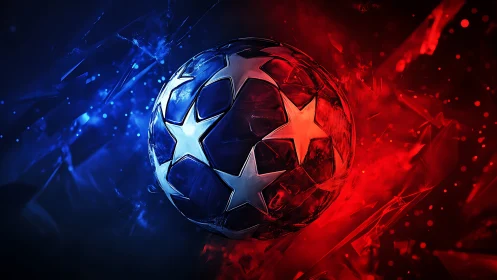 Glowing star soccer ball splits vivid red and blue light field