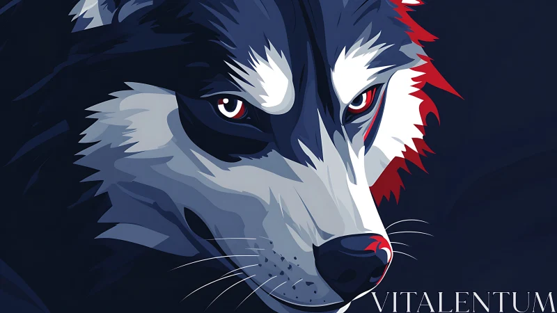 Stylized wolf portrait in bold blue, white and red tones.