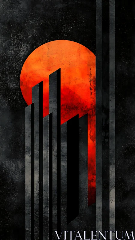 Geometric red sun with vertical monoliths on textured black