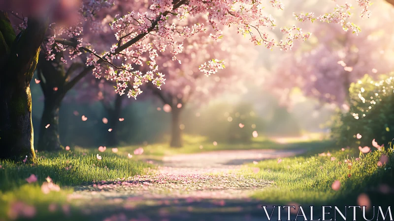 Cherry blossom trees line sunlit path with drifting petals