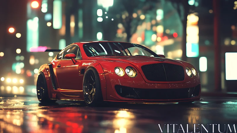 Red widebody luxury coupe glows on slick neon streets.