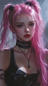 Pink-haired gothic character portrait in leather attire.