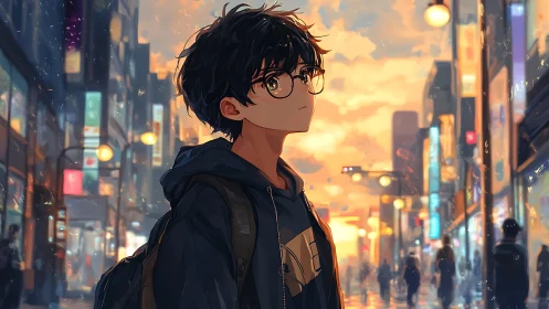 Pensive teen walks neon city street under warm sunset glow