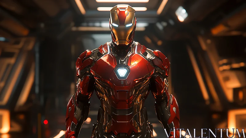 Armored red mech warrior glows within metallic corridor