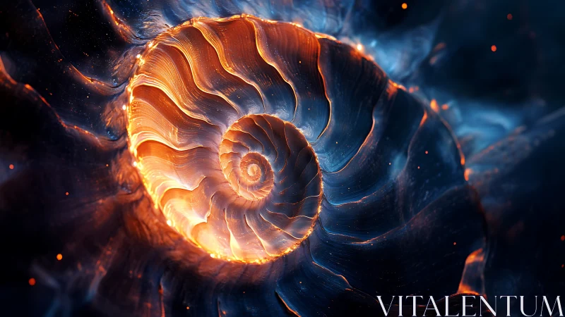 Glowing spiral shell form in deep blue abstract space.