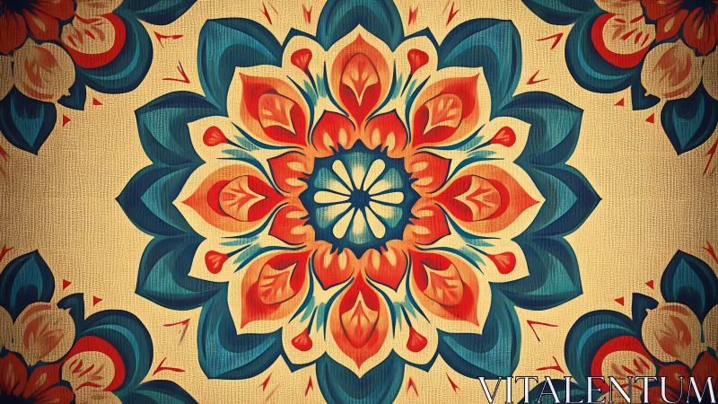 Radially symmetric floral mandala with textured canvas simulation