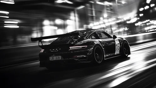 Monochrome GT race car captured with high-speed motion blur dynamics