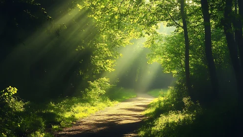Sunlit Forest Path with Lush Greenery in Tranquil Morning Light.