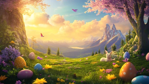 Spring valley landscape with rabbit, eggs, and distant peaks.