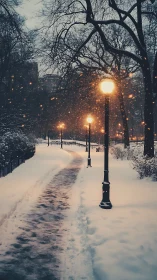 Snow-covered city park path is lit by aligned street lamps