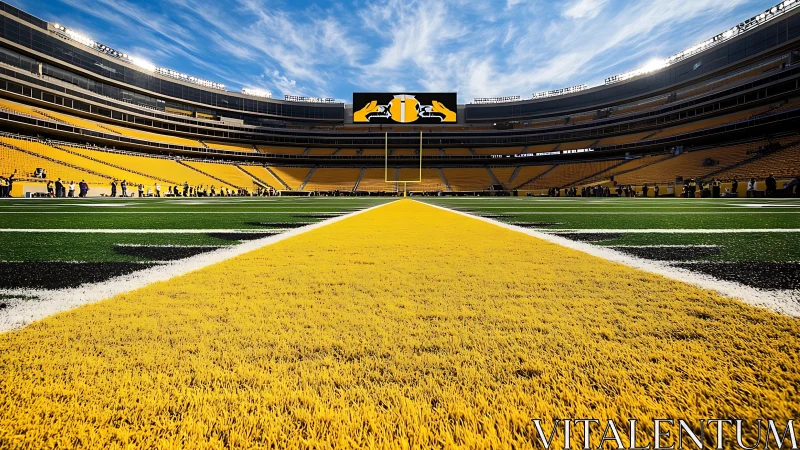 Low-angle NFL end zone turf view emphasizes vanishing point symmetry