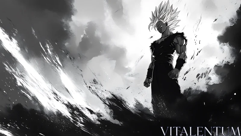 Monochrome anime warrior in storm of abstract energy.