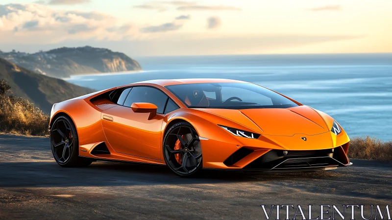 Orange supercar cuts coastal road under warm sunset light