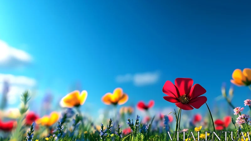 Vibrant wildflower meadow under brilliant blue sky.