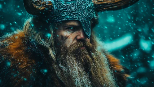Bearded Viking warrior in horned helmet amid snowfall.