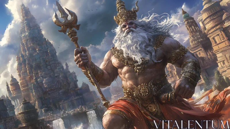 Storm-forged god strides through a golden mythic citadel.