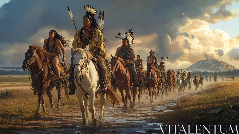 Indigenous riders on open plain under dramatic clouded sky.