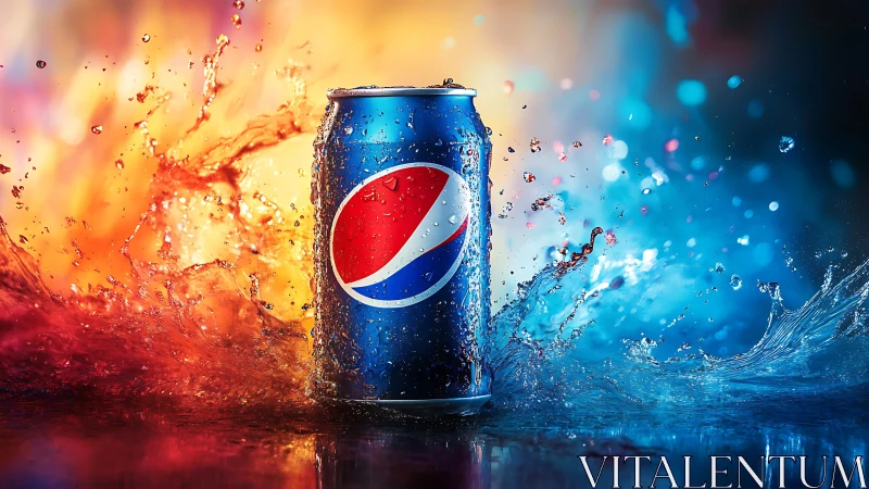 Carbonated drink can centered amid splashing liquid field.