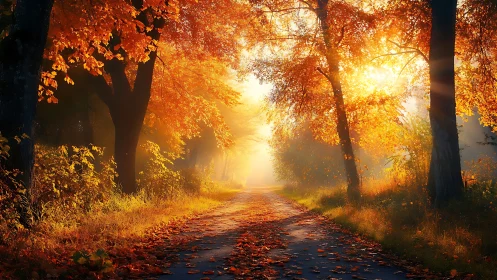 Sunlit autumn forest path glows with warm golden haze