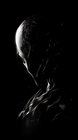 Shrouded metallic figure in stark monochrome void.