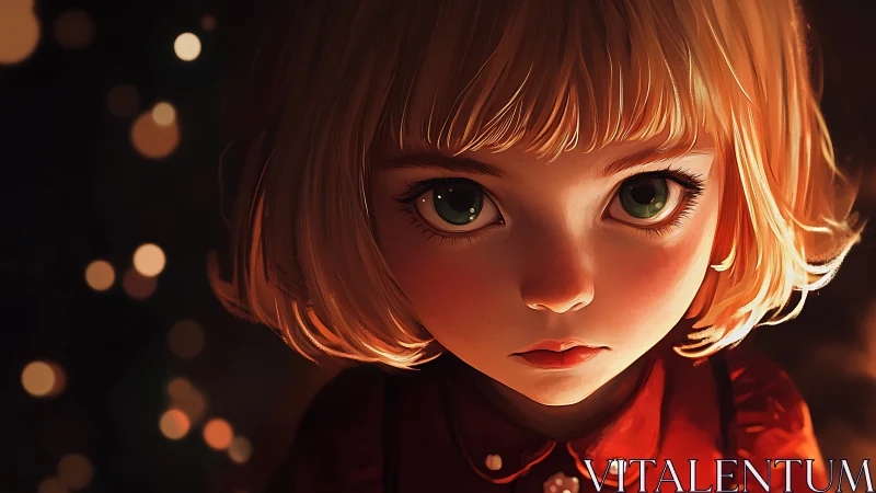 Young blonde child with green eyes stares into warm light