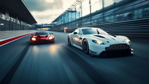 Twin GT racers chasing twilight speed along city track.