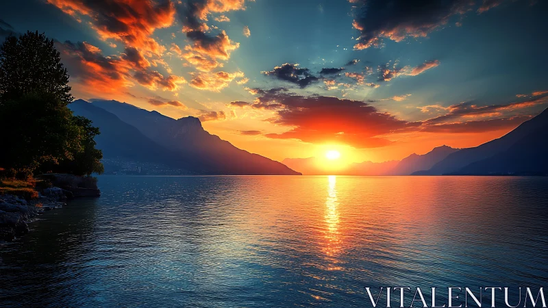 High-dynamic-range lake sunset with reflective specular light band