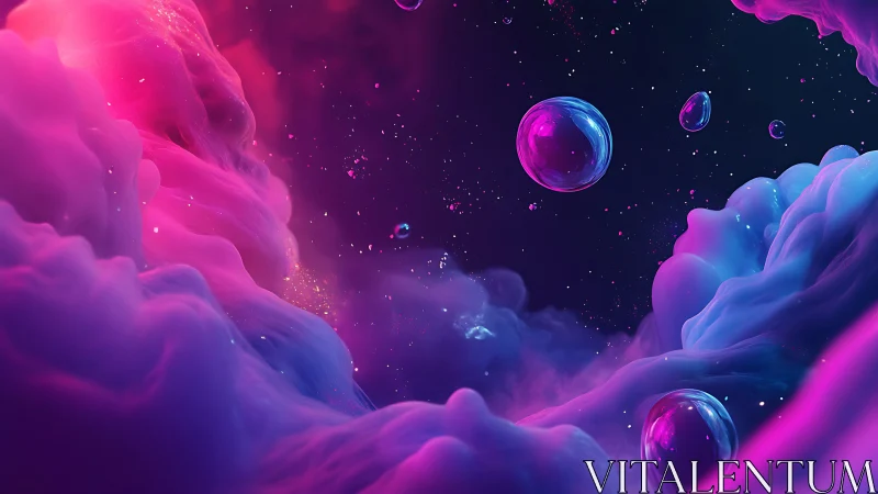 Dreamy cosmic clouds cradling glowing floating bubbles.