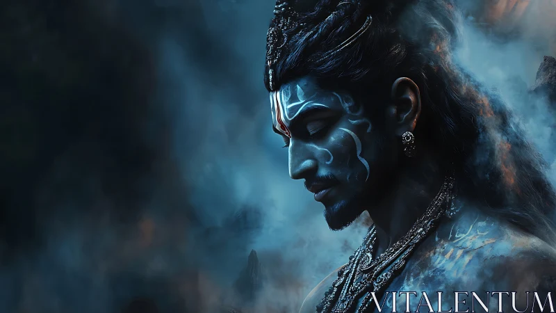 Divine blue warrior in mist with ornate jewelry and markings.