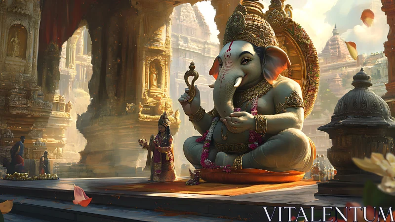 Gentle Ganesha statue welcomes light and quiet temple prayers