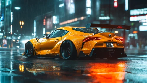 Yellow sports coupe on wet neon city street at night.