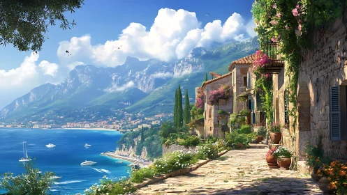 Sunlit coastal village terrace overlooking sapphire bay.