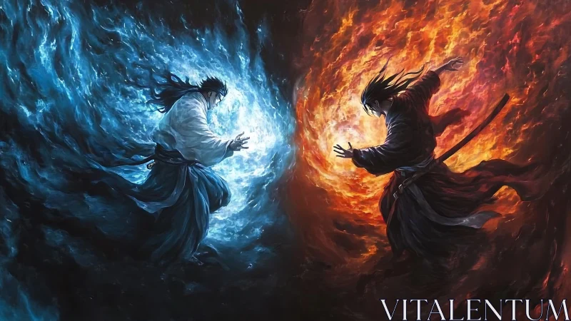 Digital painting duel of elemental samurai with split composition.