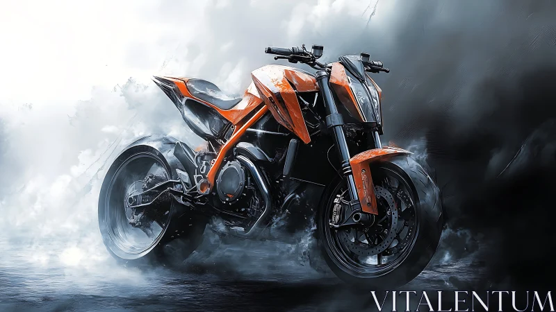 Futuristic orange street bike idling in swirling storm mist.