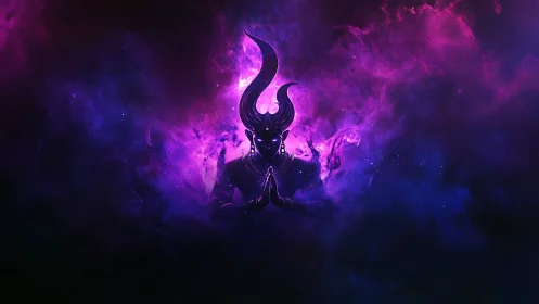 Cosmic horned deity meditates inside violet nebula field.