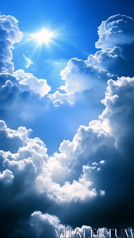 Radiant midday sun breaking through towering clouds.