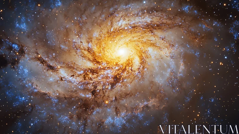 Luminous spiral galaxy glows with golden core and blue stars.