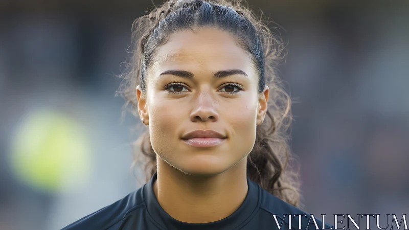 Portrait of confident female athlete rendered in sharp focus