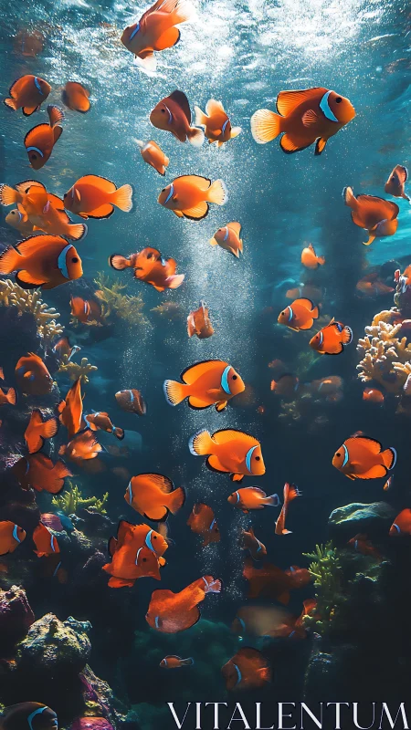 Dense clownfish shoal in sunlit coral reef water column scene