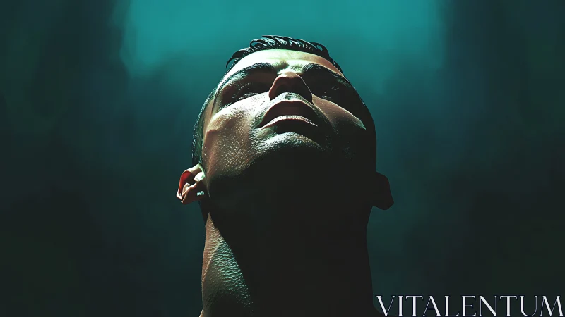 Low angle portrait of man under teal dramatic lighting.