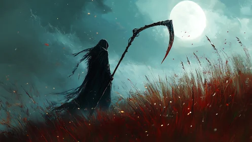 Grim reaper silhouette stalks a blood-red field at moonrise.