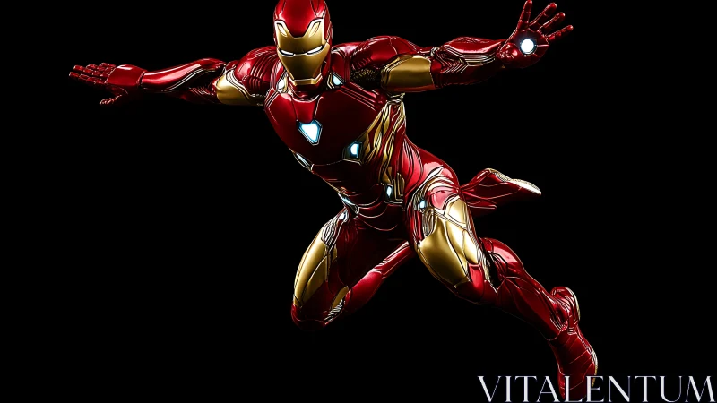 Armored red hero soaring in dynamic three-quarter pose.