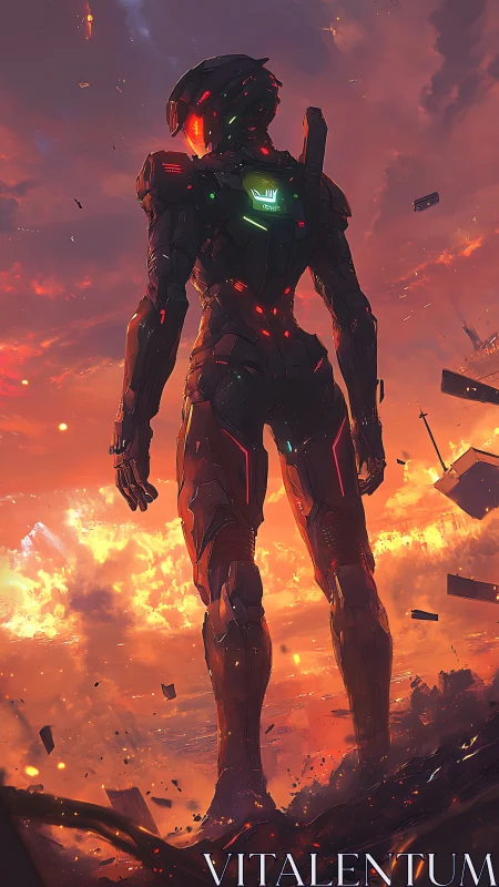 Armored sci fi soldier overlooking burning skyline.