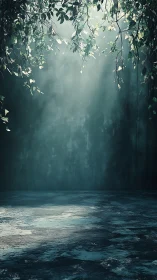 Volumetric light shafts illuminate damp textured floor plane