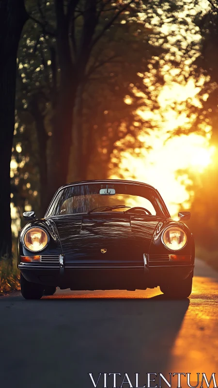 Sunlit classic coupe glides out of the glowing forest road