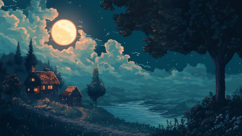 Moonlit cottage glows softly above a tranquil lakeside path