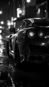 Sleek sports car rear in wet nighttime city street scene.