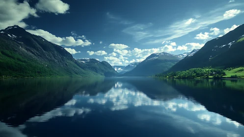 Peaceful mountain lake wrapped in deep blue reflections.