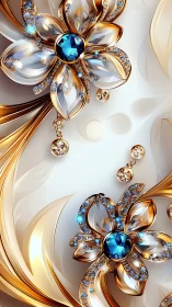 Ornate gold floral jewelry with faceted blue gemstones rendered